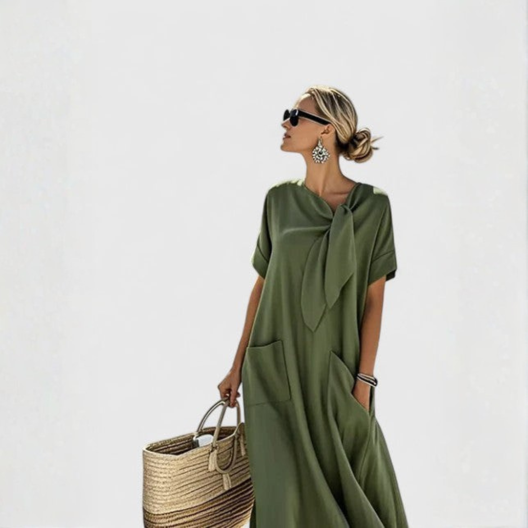 Elisa Damen Midi Kleid mit Bindekragen und Taschen Leicht Lockeres