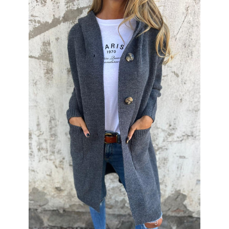 Damen Cardigan Lang Mit Kapuze Große Knöpfe