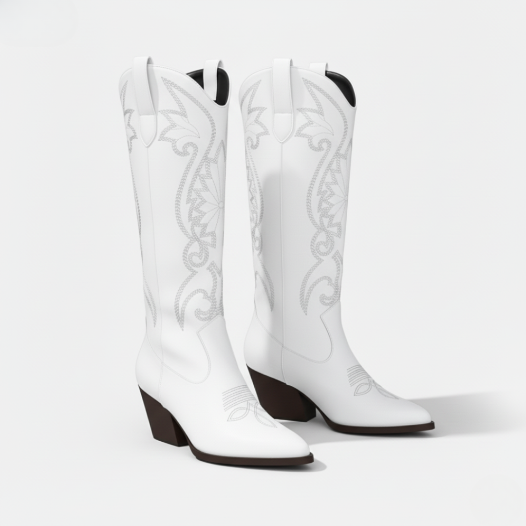 Damen Stiefel Kunstleder Knielang Bestickt Western Blockabsatz