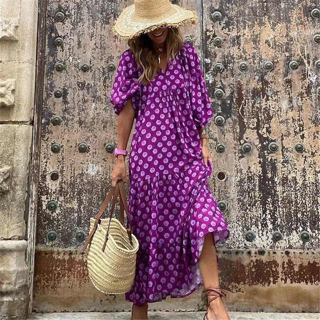 Damen Maxi Kleid Blumenprint V-Ausschnitt Halbarm Ibiza Look