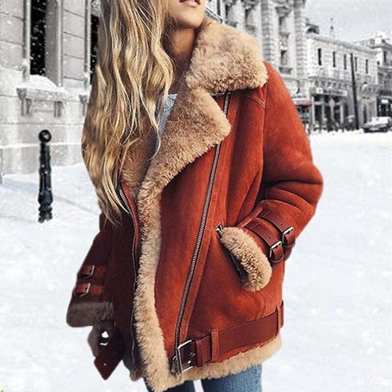 Damen Aviator Jacke Oversized Kunstfell-Futter Reißverschluss