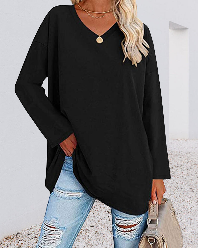 Eveloria Damen Langarm T-Shirt V-Ausschnitt Einfarbig