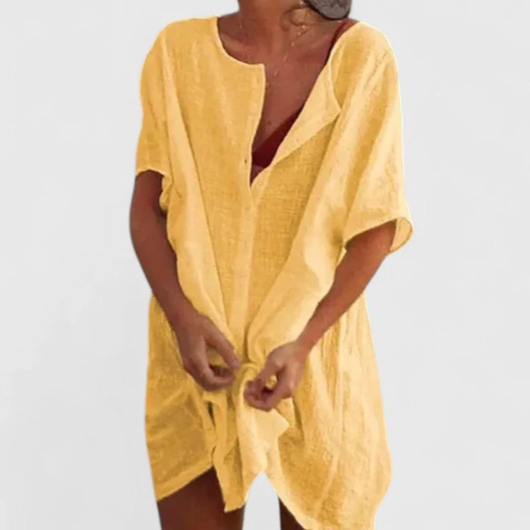 Damen Strandkleid Leichtes Überwurfkleid mit Knopfleiste Beige