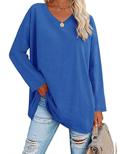 Eveloria Damen Langarm T-Shirt V-Ausschnitt Einfarbig