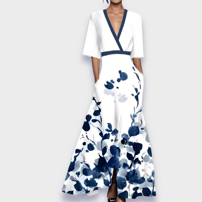 Damen Blumenmuster Maxikleid V-Ausschnitt