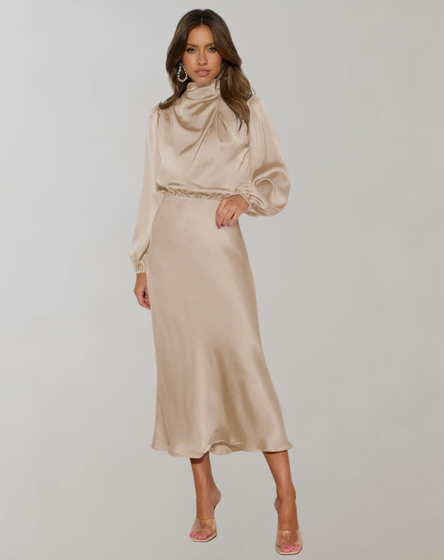 Eveloria Damen Satin Kleid Langärmlig