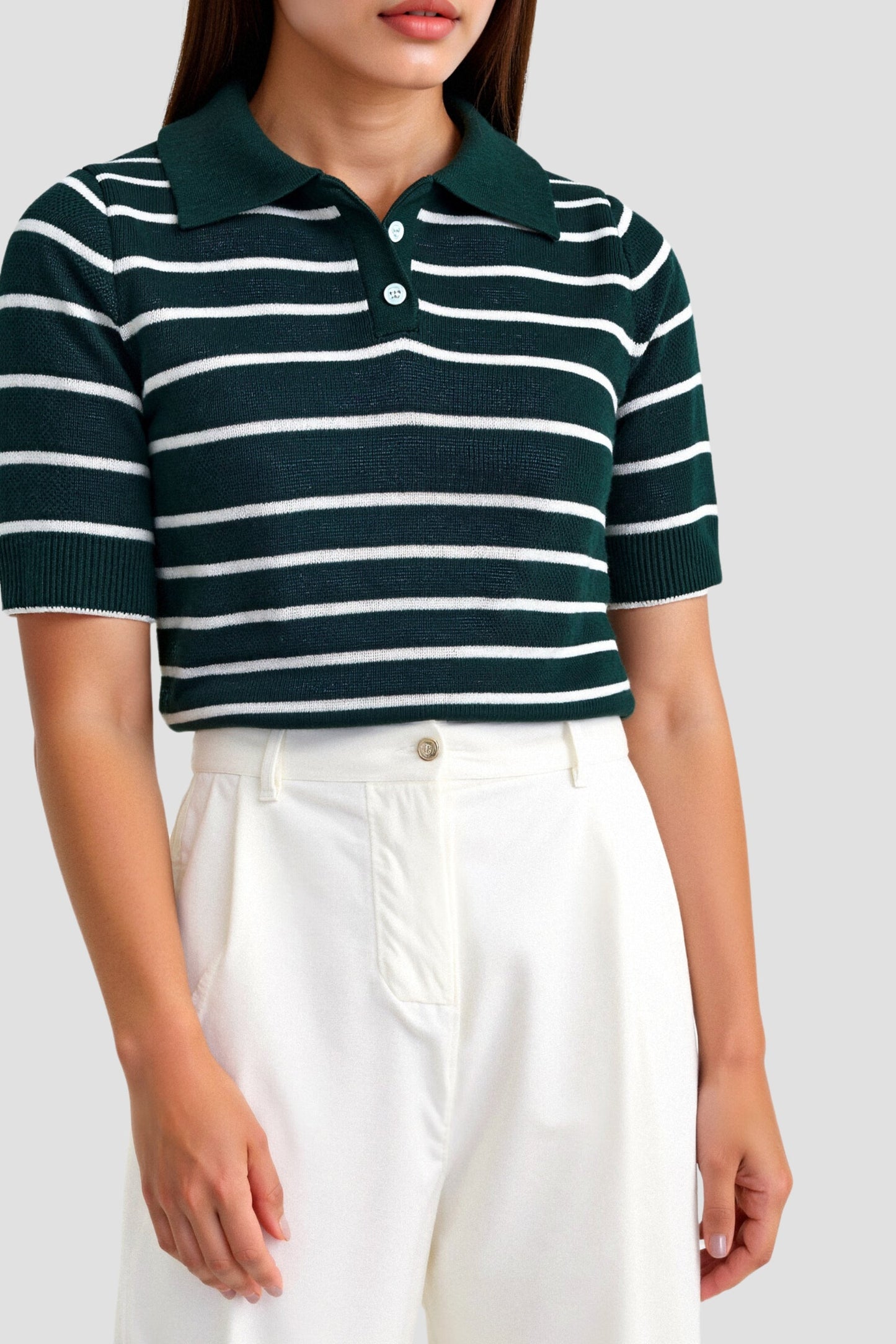 Damen Polo-Shirt Gestreift Dunkelgrün