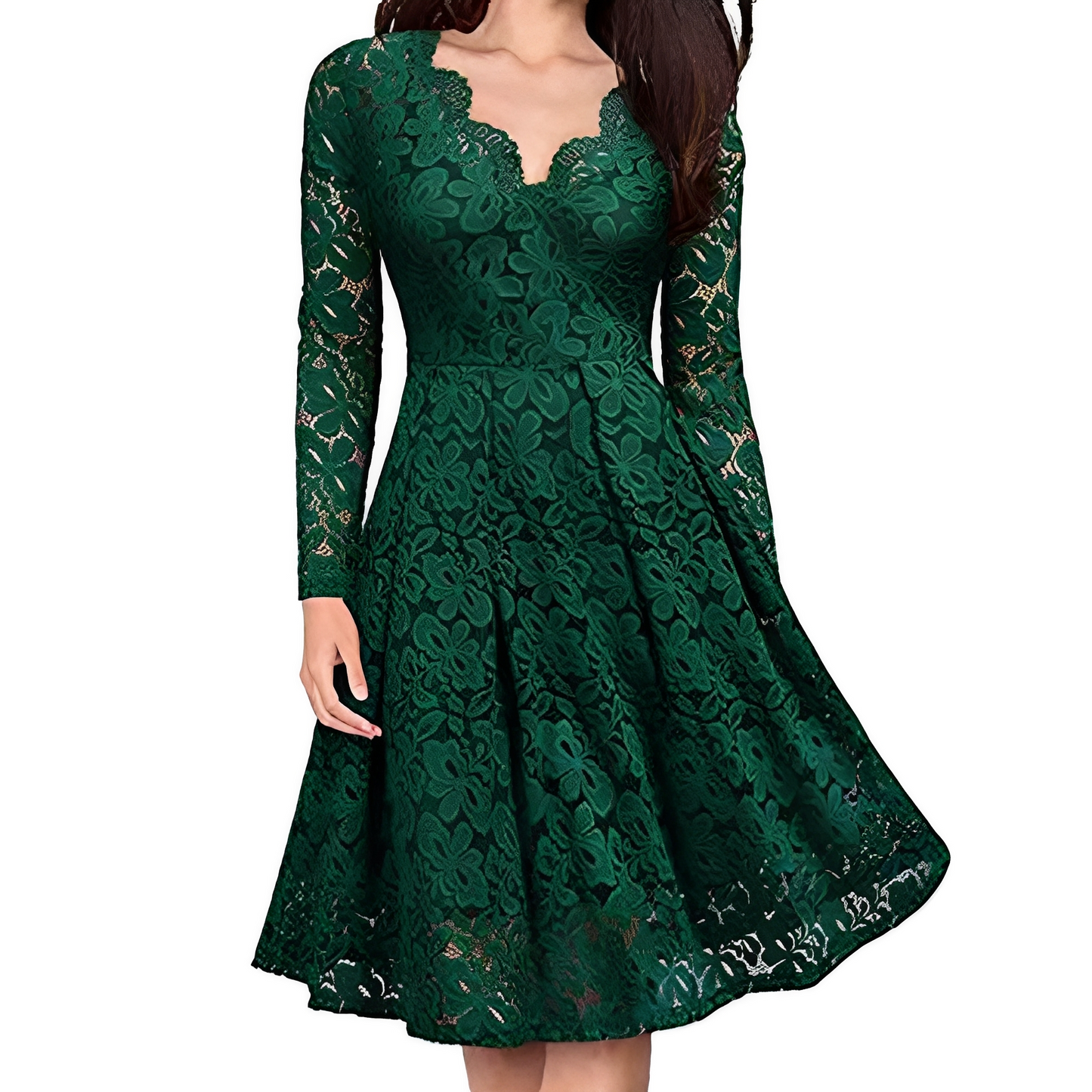Damen Eleganzkleid V-Ausschnitt Länge Knie Langärmlig Schwarz - Eveloria