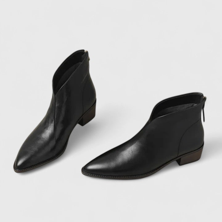 Damen Stiefeletten Blockabsatz Elegantes Leder Schwarz - Eveloria