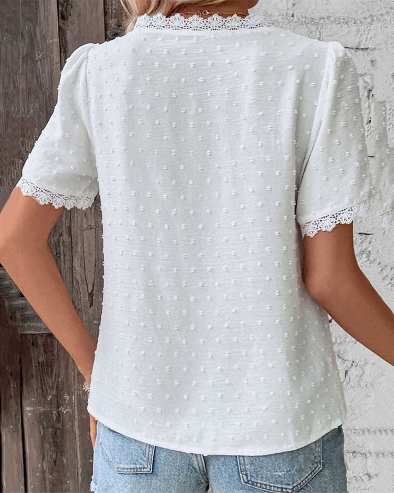 Damen Spitzen-Shirt Weiß V-Ausschnitt Kurzarm
