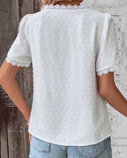 Damen Spitzen-Shirt Weiß V-Ausschnitt Kurzarm