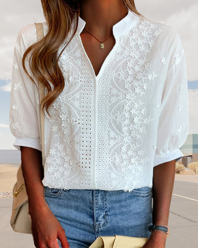 Damen Sommerbluse V-Ausschnitt Puffärmel
