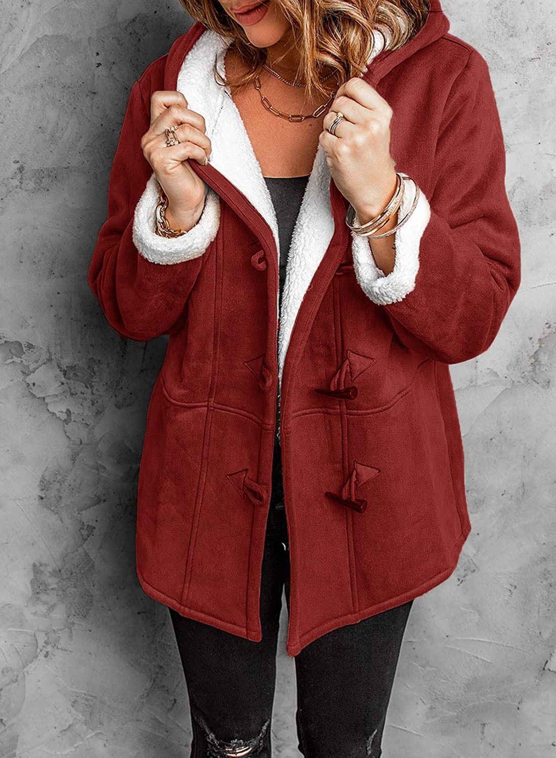 Régine Damen Wintermantel Kapuze Fleece Wildlederoptik