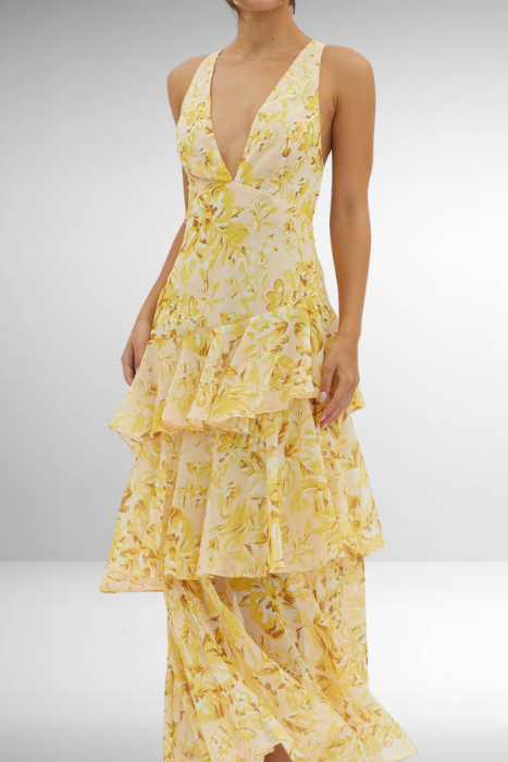 Damen Geblümtes Maxikleid Elegantes Stufenkleid
