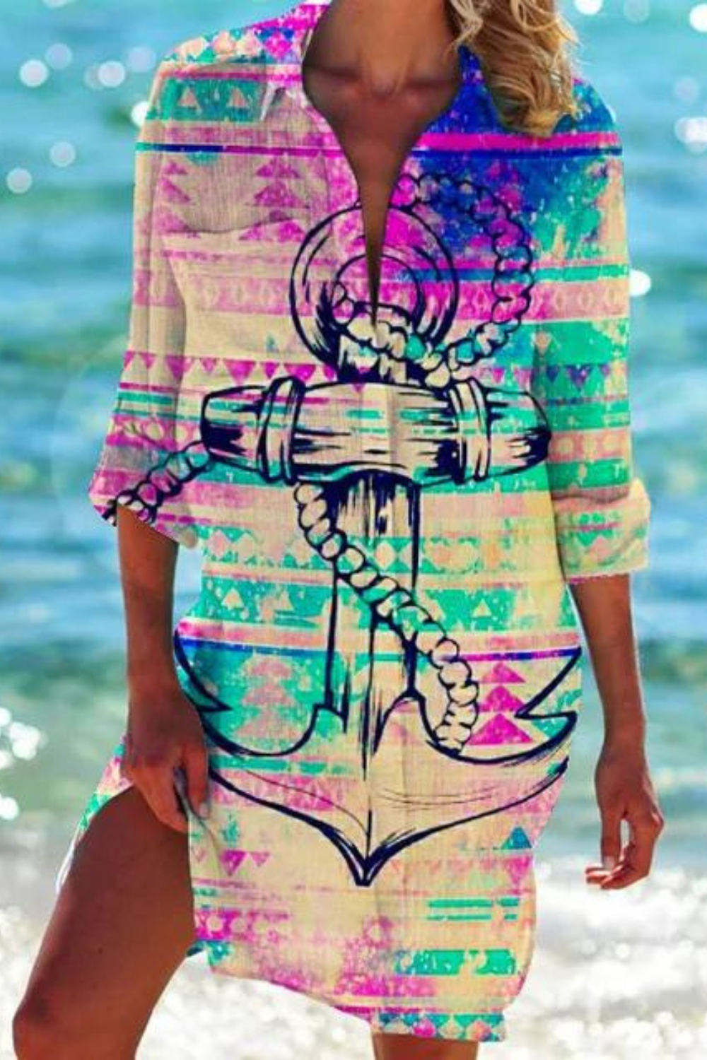 Eveloria Damen Strandbluse Meeresmotiv Lang