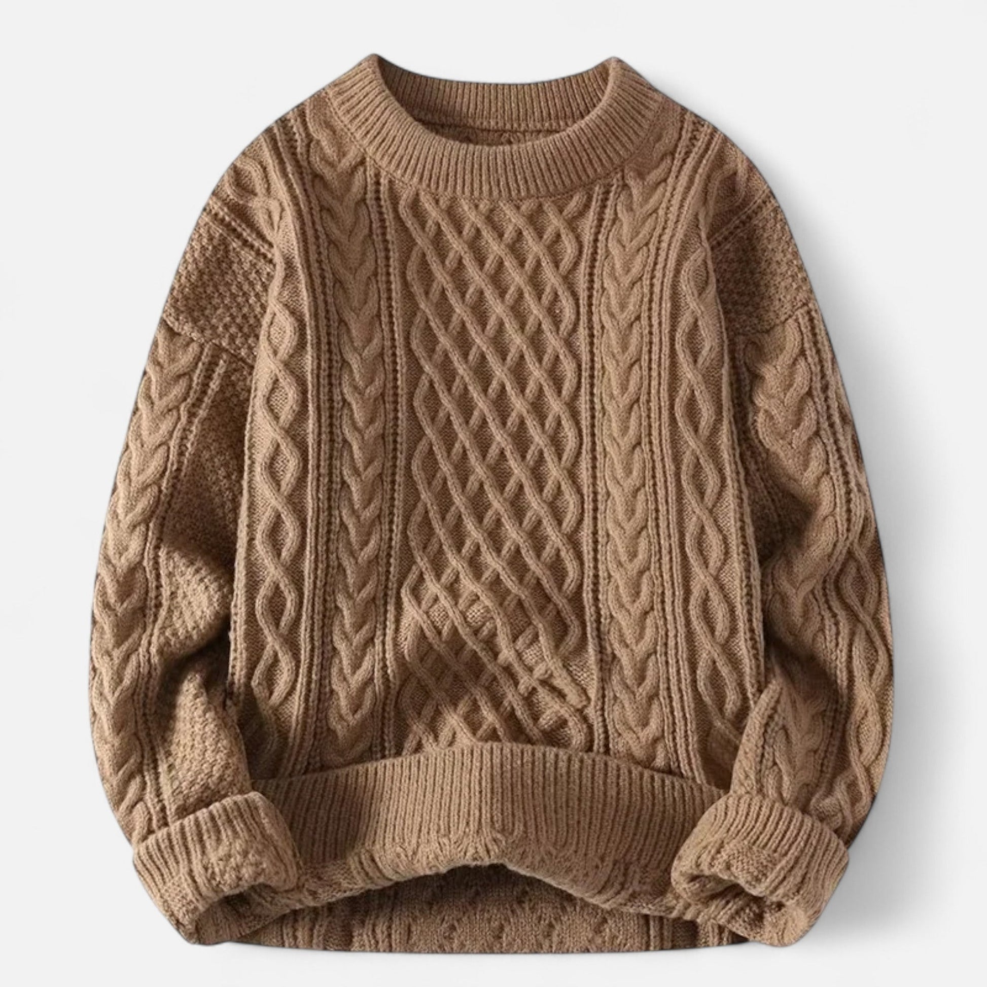 Herren Pullover Strukturiertes Zopfmuster Klassisch Warm Beige - Eveloria