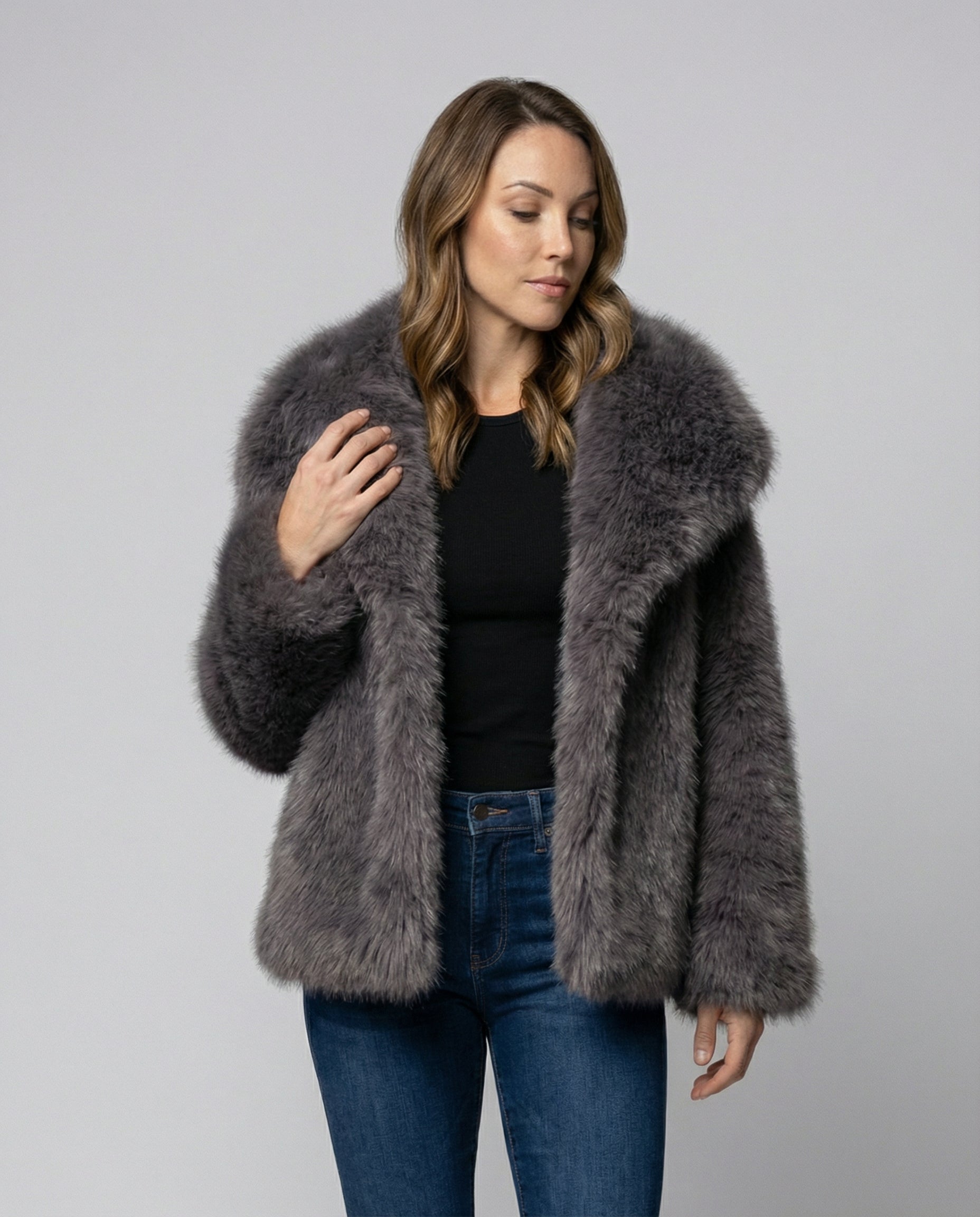 Kunstfell Schalkragen Jacke Damen - Eveloria