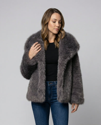 Kunstfell Schalkragen Jacke Damen - Eveloria