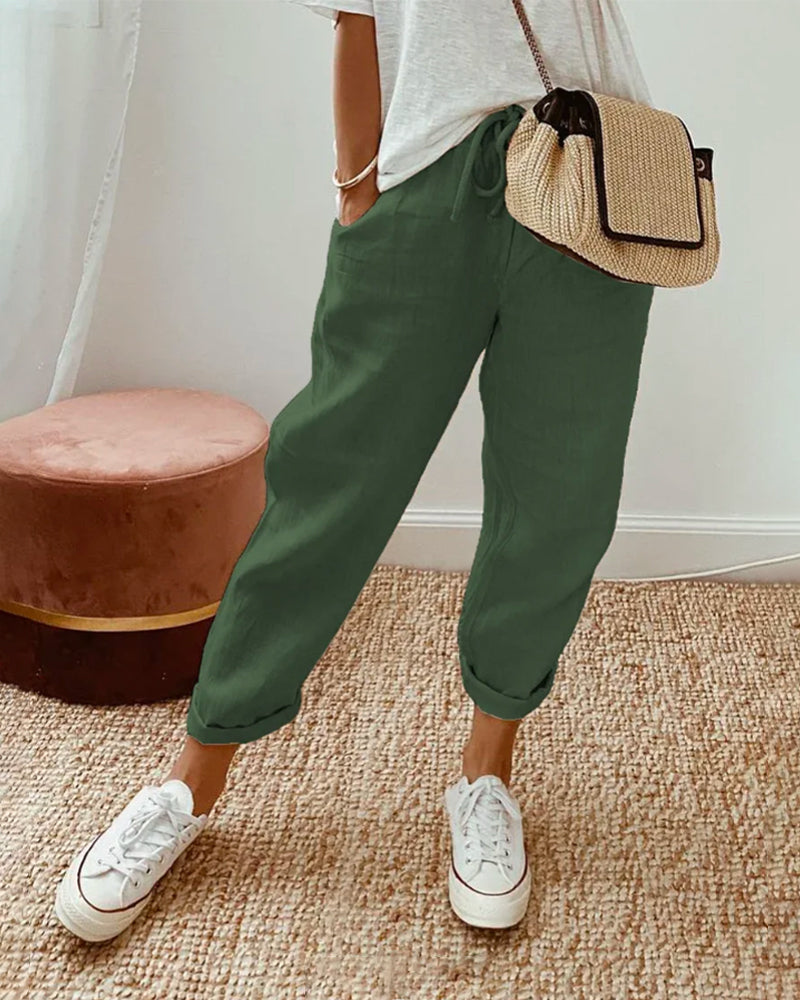 Damen Leinenhose Sommer mit Kordelzug Beige