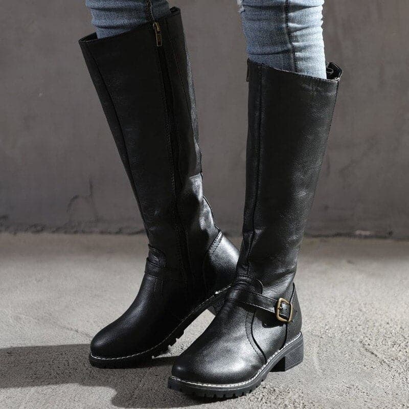 Damen Kniehohe Stiefel Blockabsatz Rundzehen Leder