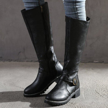 Damen Kniehohe Stiefel Blockabsatz Rundzehen Leder