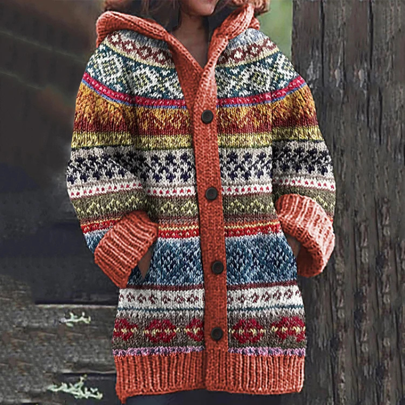 Damen Cardigan Lang Mit Kapuze Knöpfe