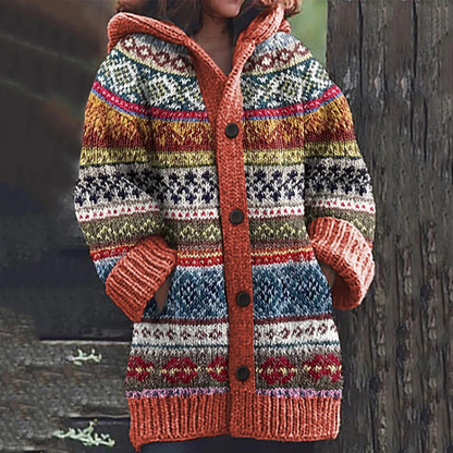 Damen Cardigan Lang Mit Kapuze Knöpfe
