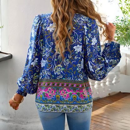 Damen Bluse Blumenmuster Schleifenkragen Weite Ärmel Sommerlook