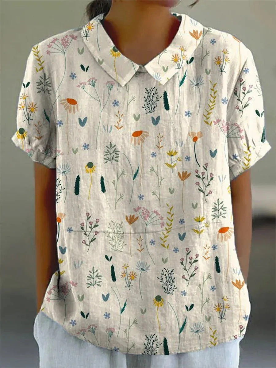 Damen Bluse Kurzärmelig Blumenmuster Mit Kragen - Eveloria