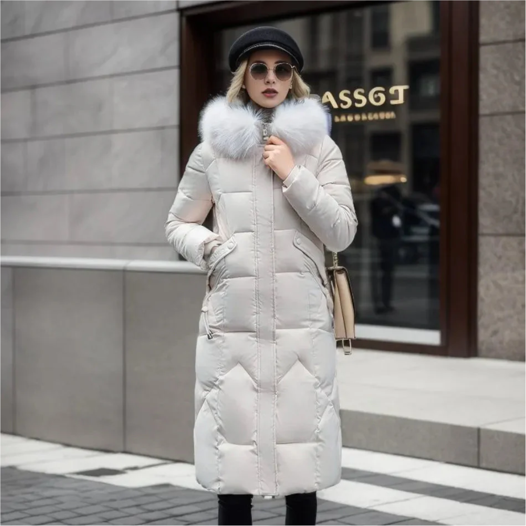 Damen Winterjacke mit Kapuze und Fellbesatz Lang