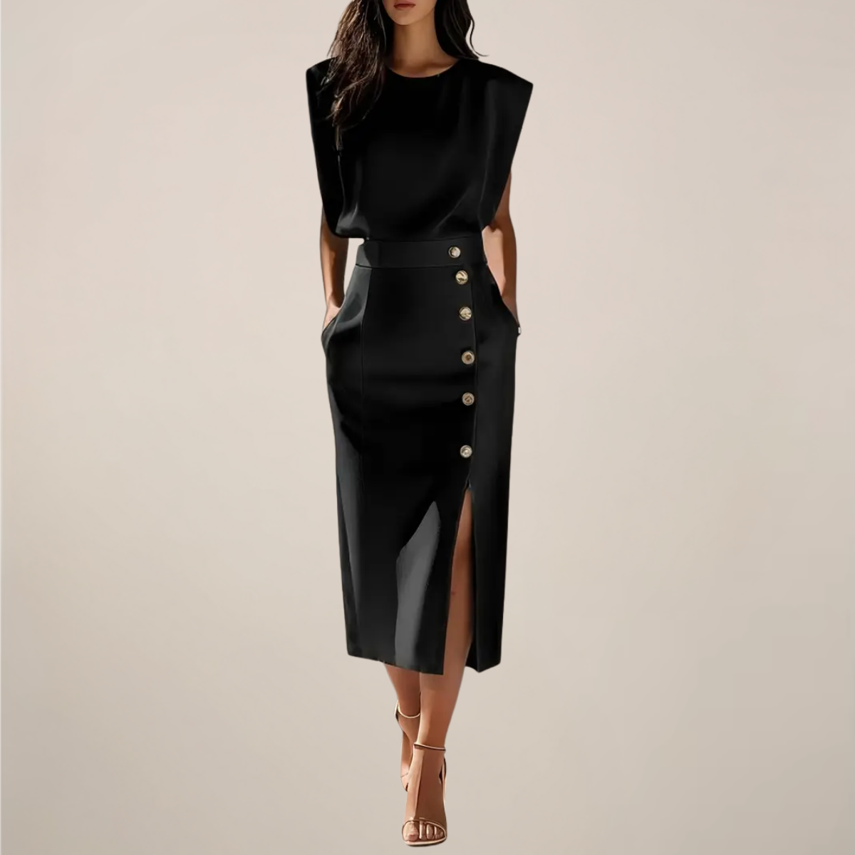 Damen Ärmelloses Midi-Kleid Sommerkleid Knopfleiste
