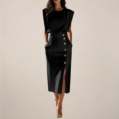 Damen Ärmelloses Midi-Kleid Sommerkleid Knopfleiste