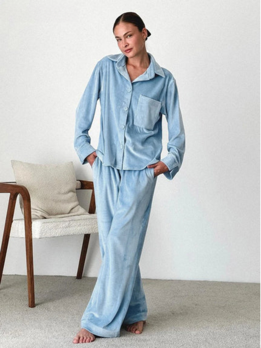 Damen Pyjama Set Blau Zweiteiler mit Knöpfen - Eveloria