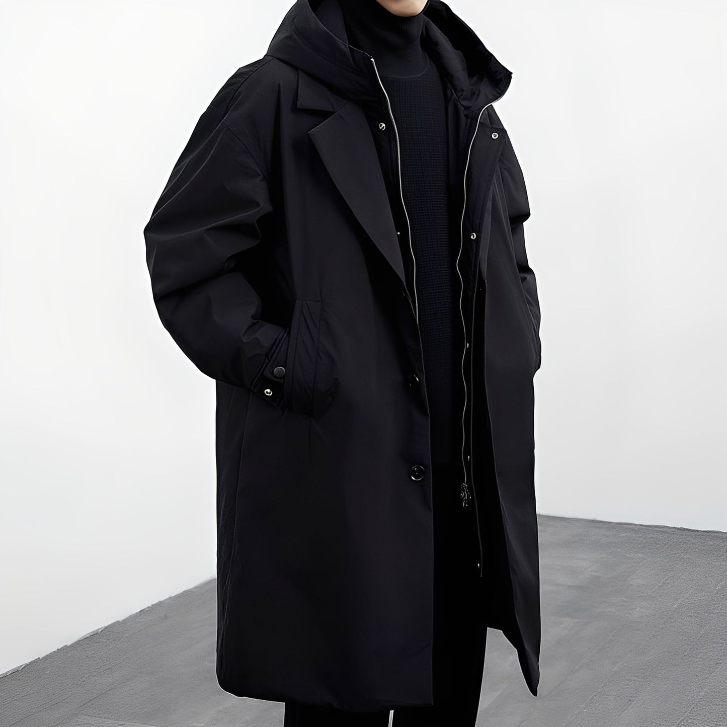 Herren Trenchcoat Lang Kapuze Wasserdicht