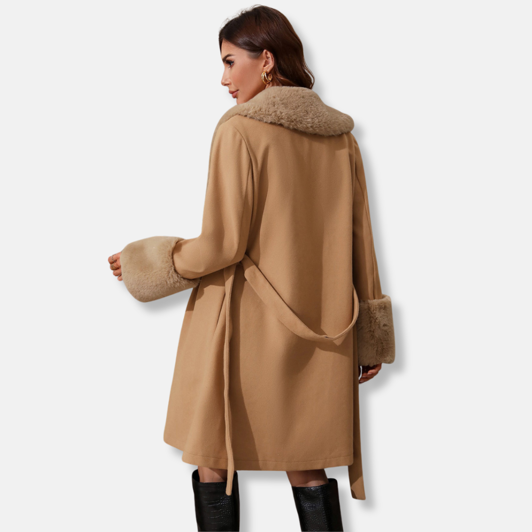 Damen Trenchcoat Taillierte Passform Fellkragen Mittellang Schwarz - Eveloria
