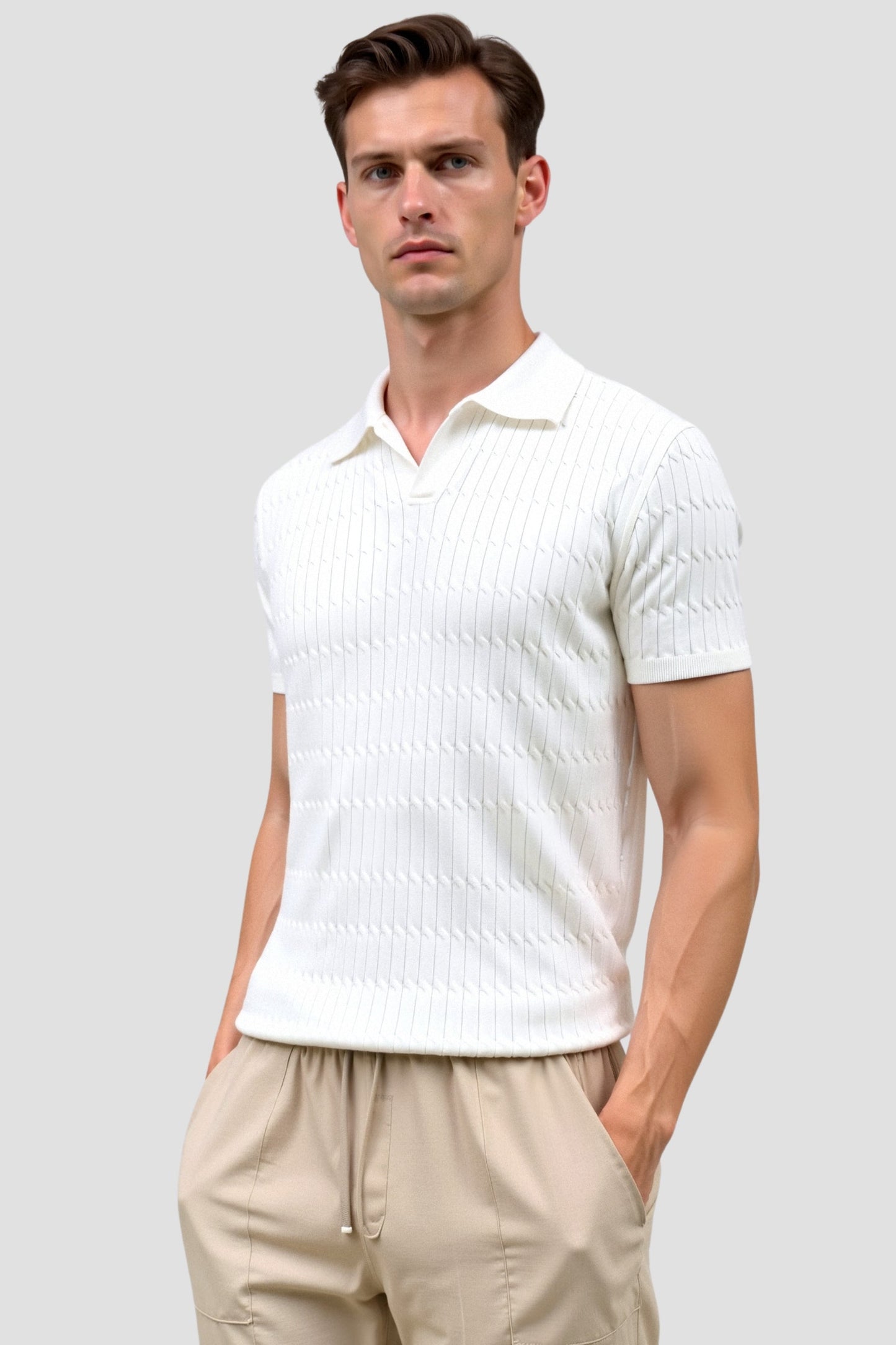 Weißes Herren Poloshirt Strick Strukturmuster