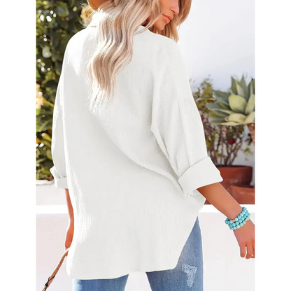 Damen Bluse Unifarbe Knopfleiste Hemdkragen Elegante Langarmbluse