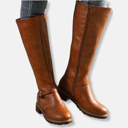 Damen Stiefel Kunstleder Kniefester Schaft Abgerundete Spitze