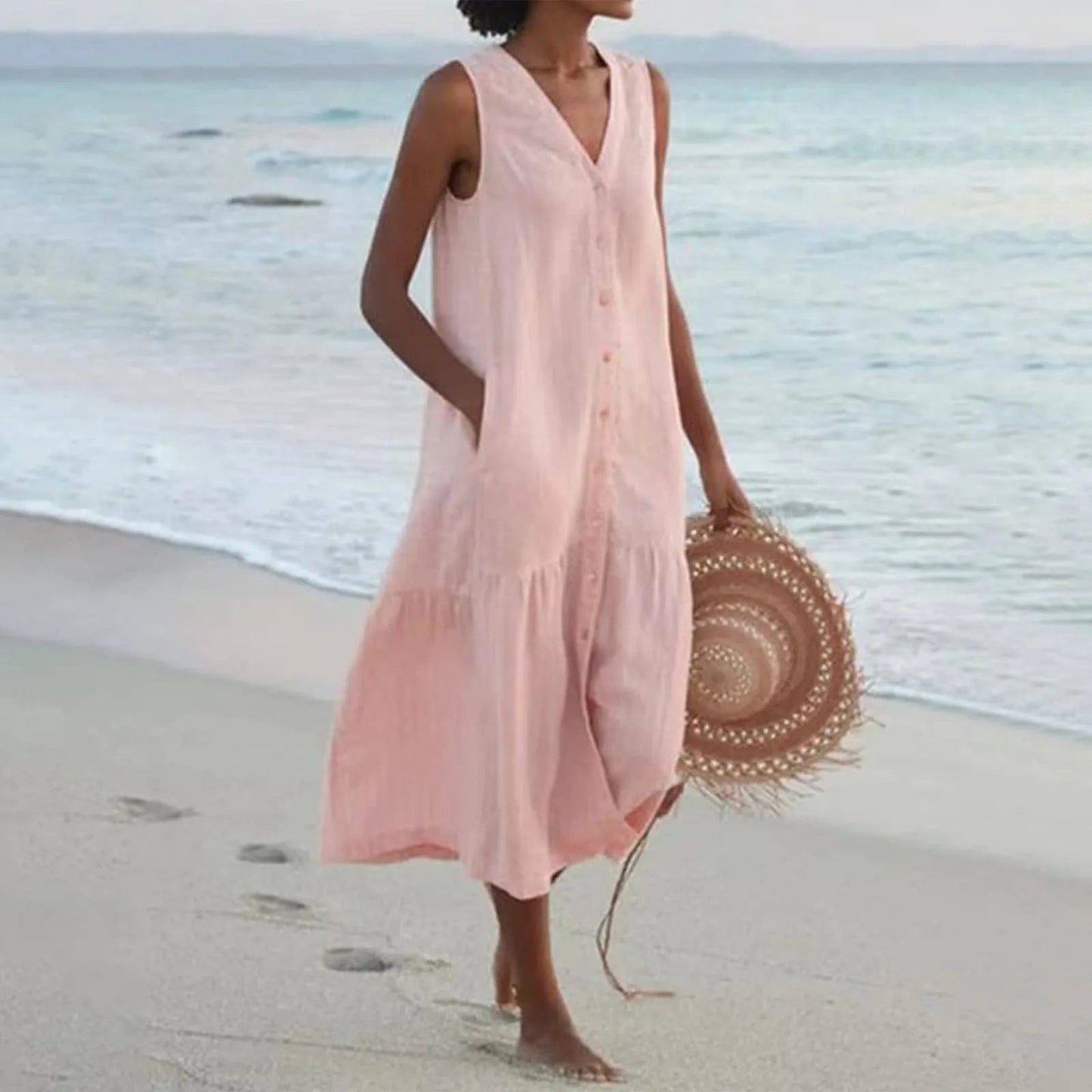 Damen Ärmelloses Strandkleid V-Ausschnitt Midi
