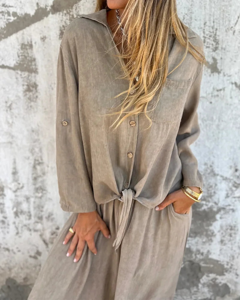 Damen Zweiteiler Uni weite Hose lockere Bluse