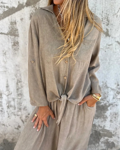 Damen Zweiteiler Uni weite Hose lockere Bluse