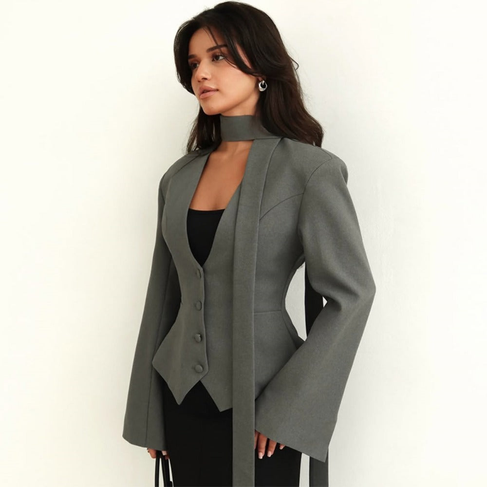 Damen Blazerjacke Langärmlig mit Schal