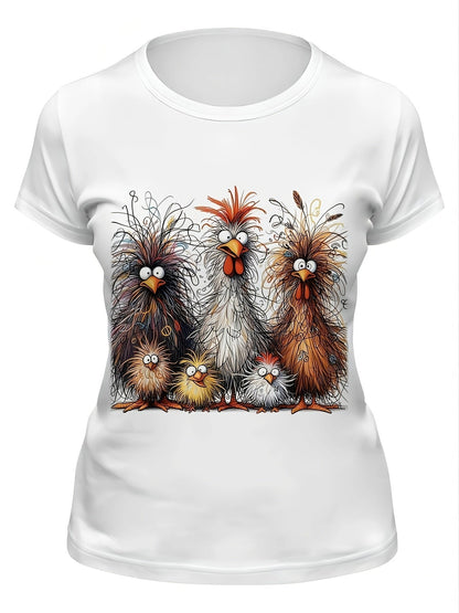 Damen T-Shirt mit Hühnerdruck Rundhalsausschnitt Kurze Ärmel Lässig