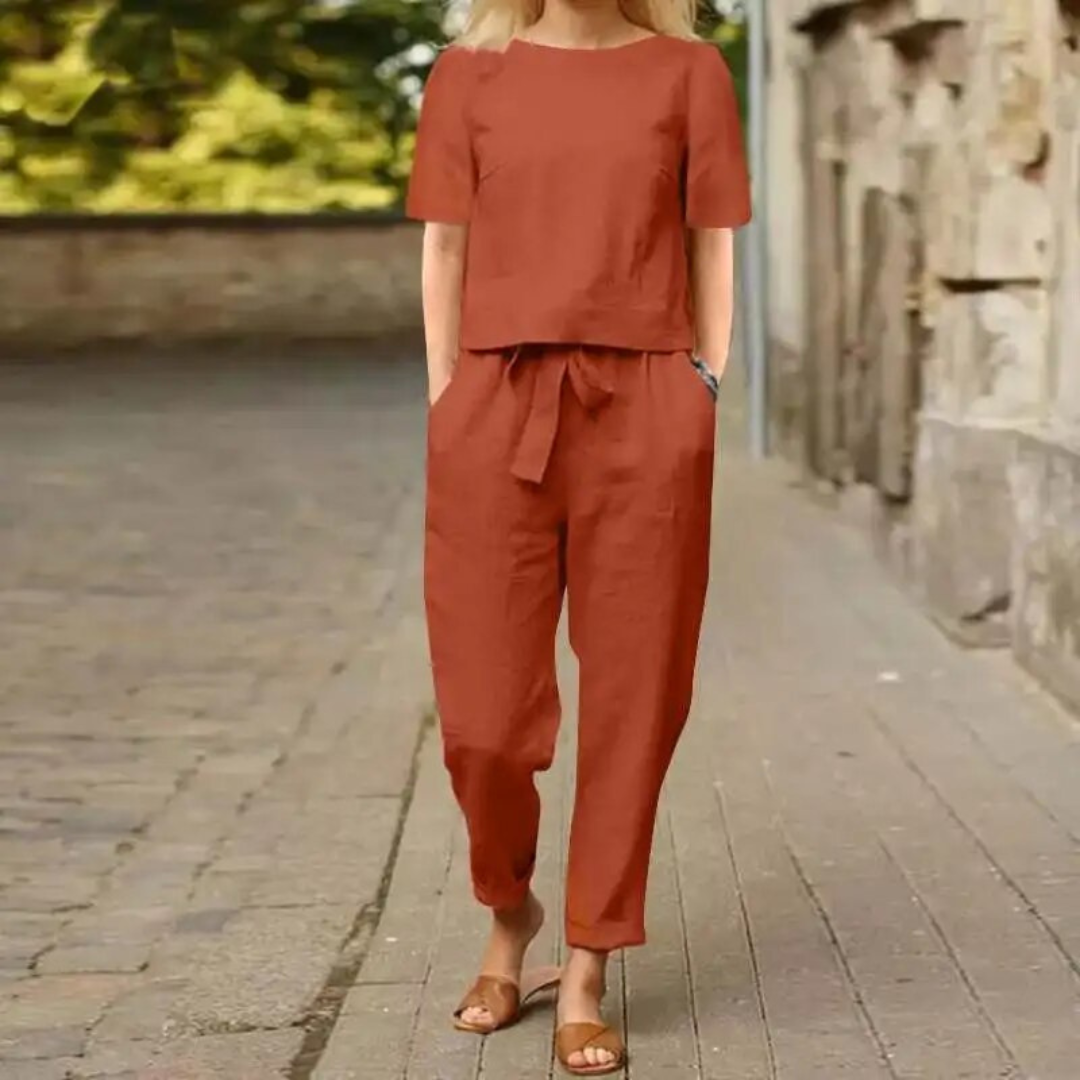 Damen Leinenset Zweiteilig Luftig Elegant Weiß