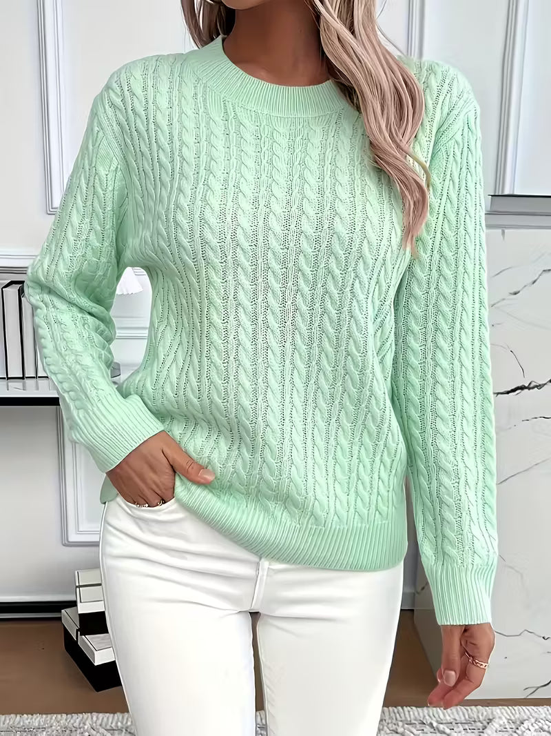 Damen Strickpullover Zopfmuster Winterweiß