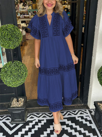 Ibiza Style Damen Midi Kleid V-Ausschnitt Weite Ärmel Lockere Passform