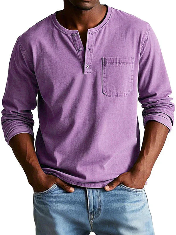 Herren Langarm-Henleyshirt Lässig Baumwolle Weiß