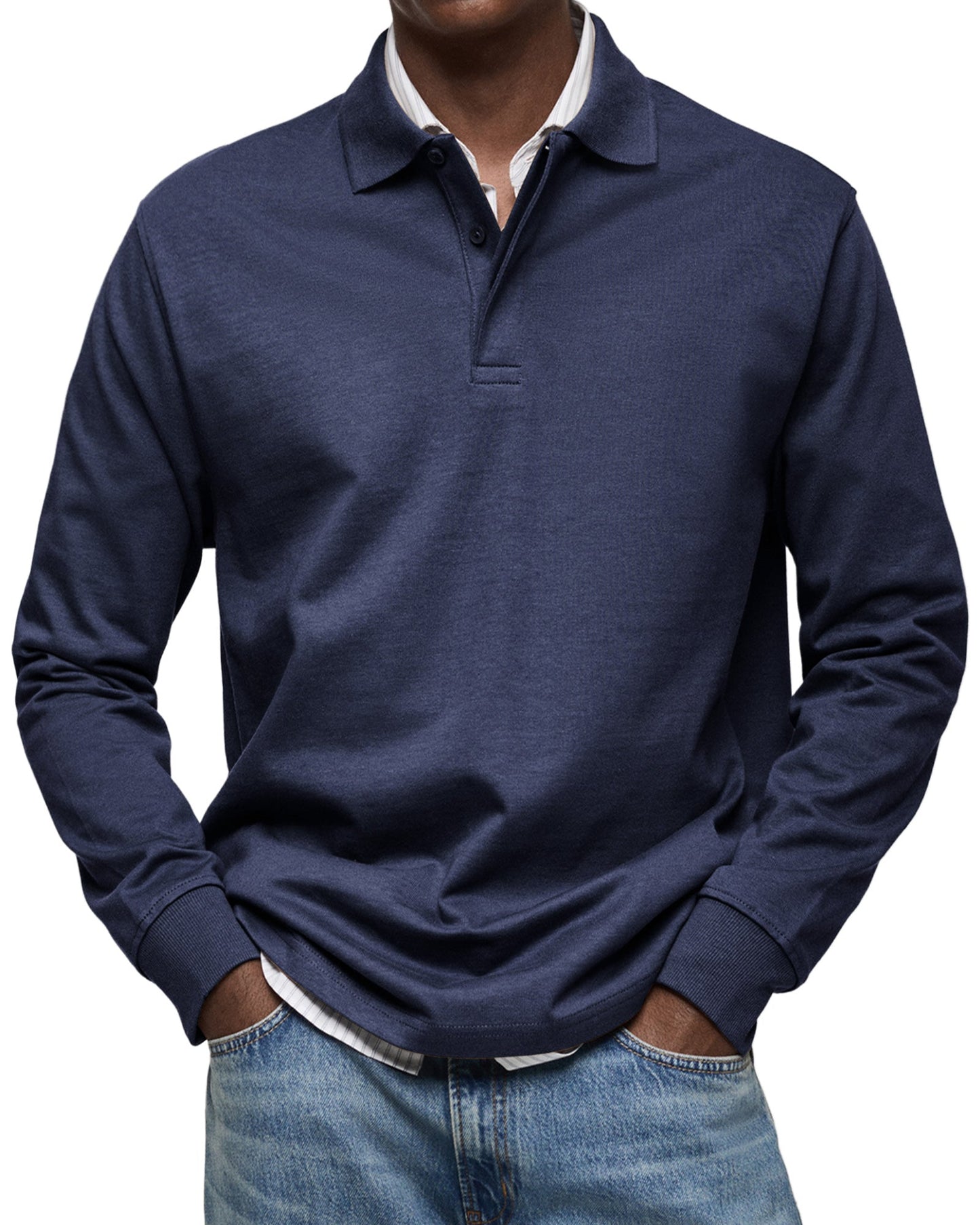 Herren Langarm Poloshirt Knopfleiste Klassisch Beige