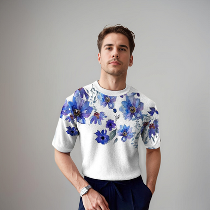 Herren Kurzarmshirt Floralmuster Baumwolle Blau