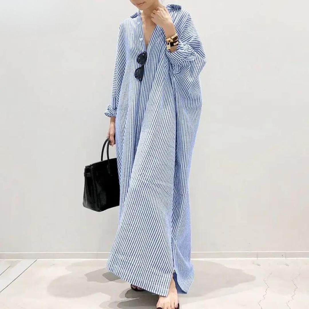 Eveloria Damen Oversized Hemdkleid Streifen Baumwolle weiß